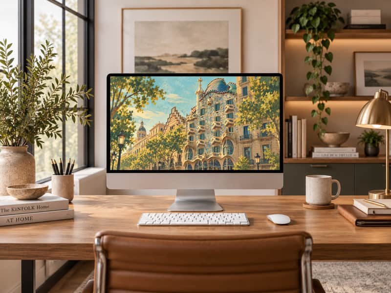 Casa Batlló wallpaper shown on a desktop computer screen