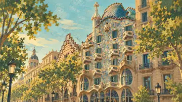 Casa Batlló 4K wallpaper, mid-century travel poster style