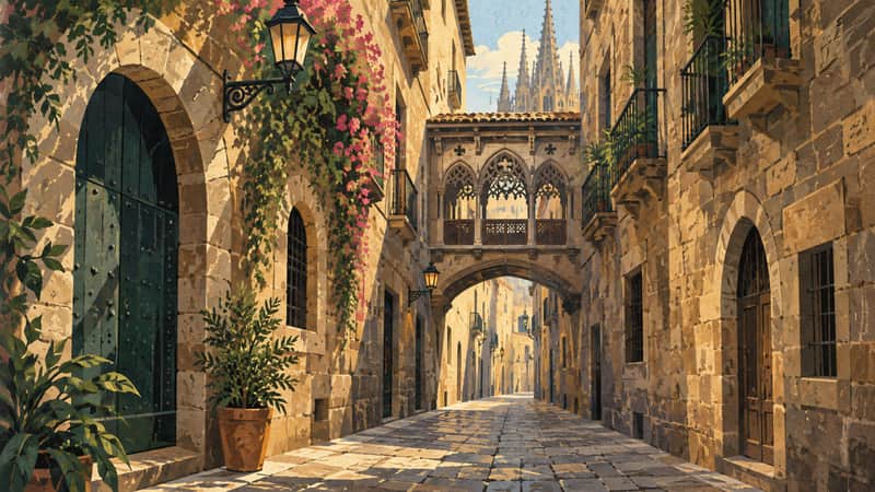 Gothic Quarter 4K wallpaper, mid-century travel poster style, for Frame TV and desktop