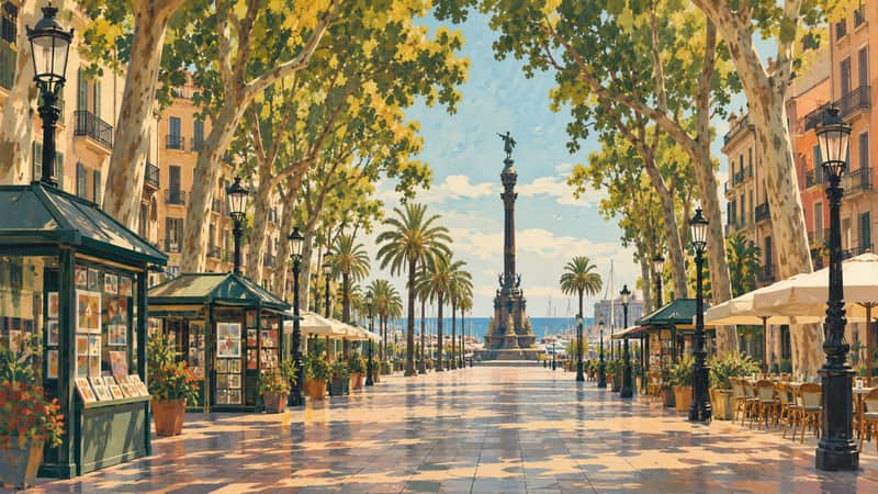 La Rambla 4K wallpaper, mid-century travel poster style, for Frame TV and desktop
