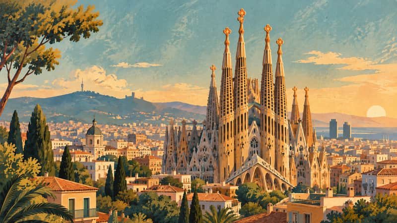 Sagrada Familia 4K wallpaper, mid-century travel poster style, for Frame TV and desktop