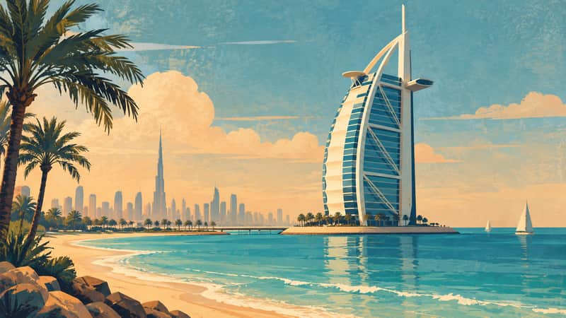 Burj Al Arab 4K wallpaper, mid-century travel poster style, for Frame TV and desktop