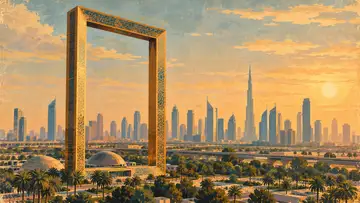 Dubai Frame 4K wallpaper, mid-century travel poster style