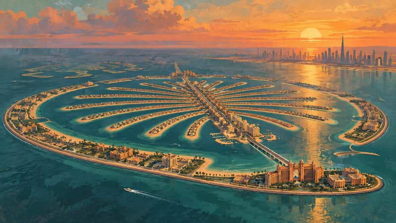 Palm Jumeirah 4K wallpaper, mid-century travel poster style, for Frame TV and desktop