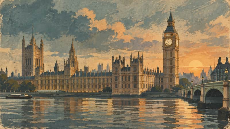 Big Ben & Parliament 4K wallpaper, mid-century travel poster style, for Frame TV and desktop