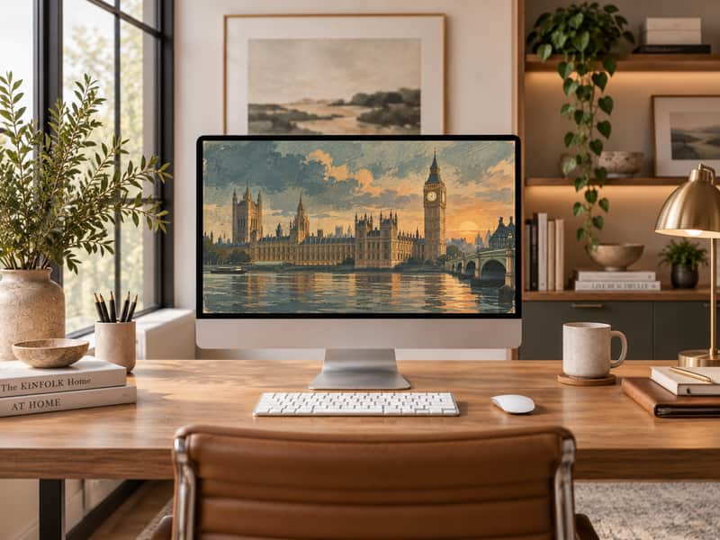 Big Ben & Parliament wallpaper shown on a desktop computer screen