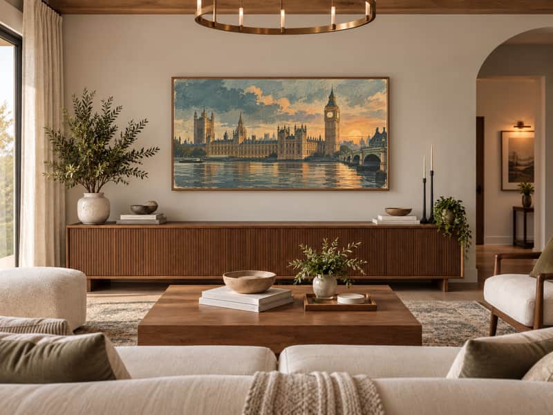 Big Ben & Parliament wallpaper shown as art on a Samsung Frame TV