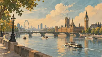 Thames Riverside 4K wallpaper, mid-century travel poster style