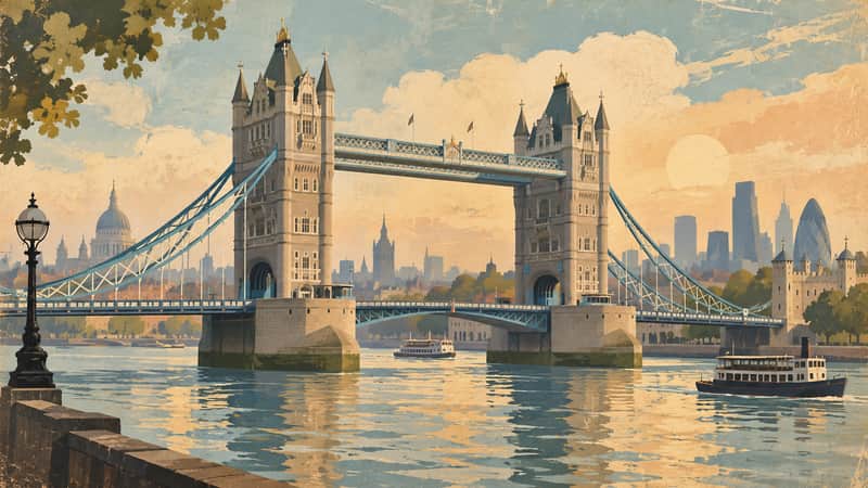 Tower Bridge 4K wallpaper, mid-century travel poster style, for Frame TV and desktop
