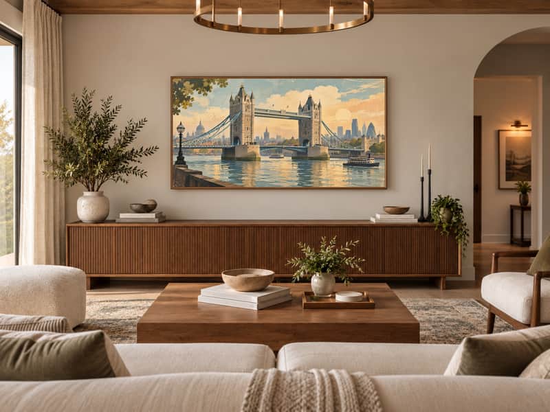 Tower Bridge wallpaper shown as art on a Samsung Frame TV