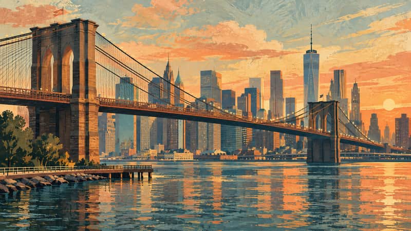 Brooklyn Bridge 4K wallpaper, mid-century travel poster style, for Frame TV and desktop