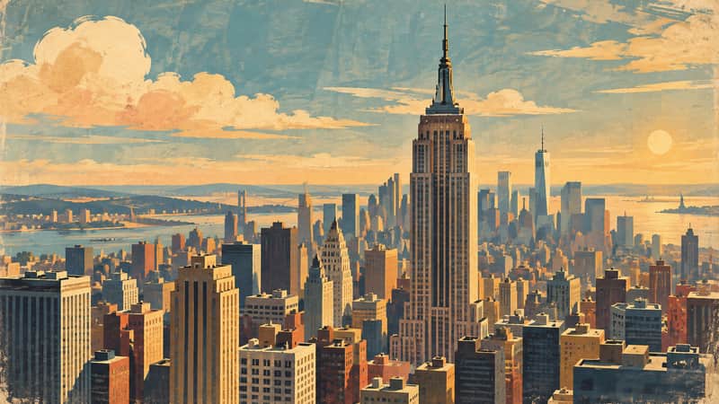 Empire State Building 4K wallpaper, mid-century travel poster style, for Frame TV and desktop