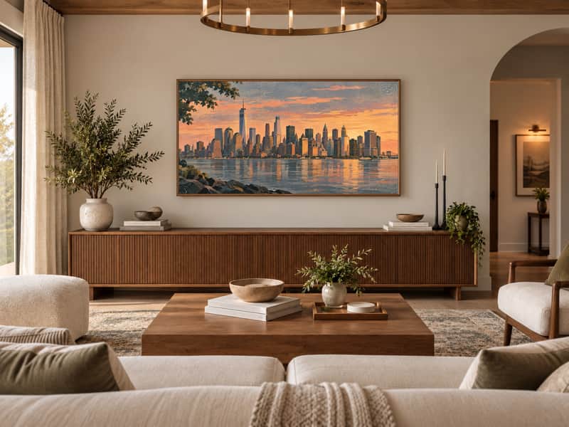 Empire State Building wallpaper shown as art on a Samsung Frame TV