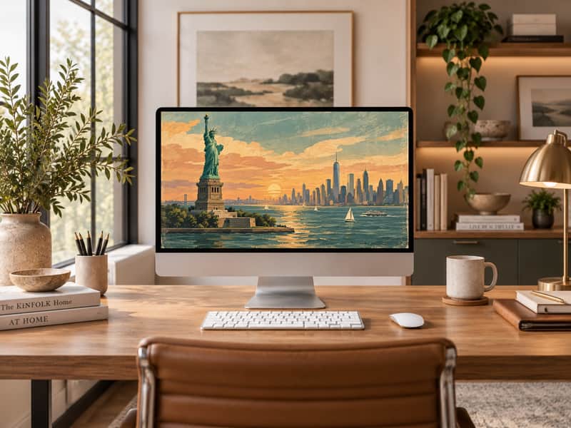 Flatiron Building wallpaper shown on a desktop computer screen