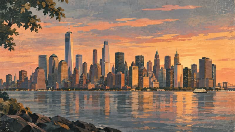 Manhattan Skyline 4K wallpaper, mid-century travel poster style, for Frame TV and desktop