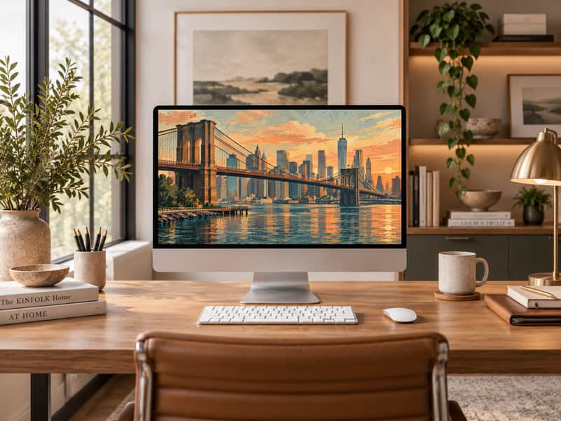 Manhattan Skyline wallpaper shown on a desktop computer screen