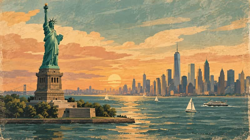 Statue of Liberty 4K wallpaper, mid-century travel poster style, for Frame TV and desktop