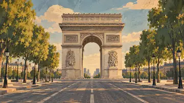 Arc de Triomphe 4K wallpaper, mid-century travel poster style