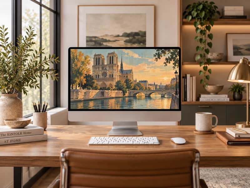 Louvre Pyramid wallpaper shown on a desktop computer screen