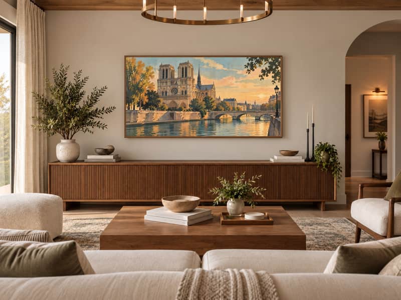Notre-Dame Cathedral wallpaper shown as art on a Samsung Frame TV