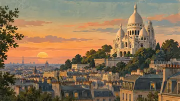 Sacré-Cœur Basilica 4K wallpaper, mid-century travel poster style