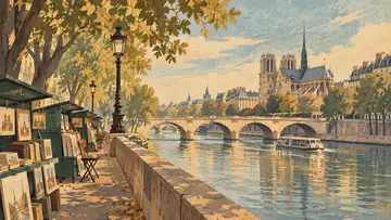Seine Riverside 4K wallpaper, mid-century travel poster style