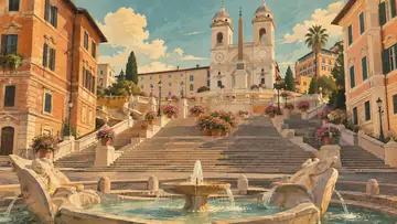 Spanish Steps 4K wallpaper, mid-century travel poster style