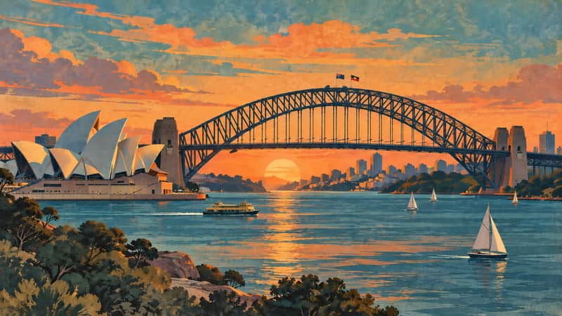 Harbour Bridge 4K wallpaper, mid-century travel poster style, for Frame TV and desktop