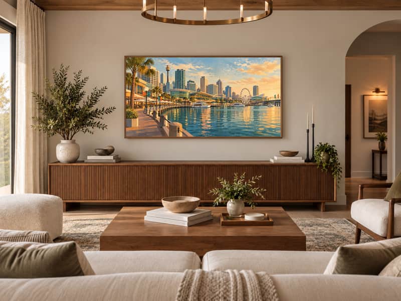 Harbour Bridge wallpaper shown as art on a Samsung Frame TV