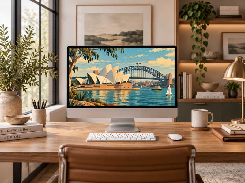Sydney Opera House wallpaper shown on a desktop computer screen