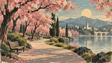 Cherry Blossom Park 4K wallpaper, mid-century travel poster style