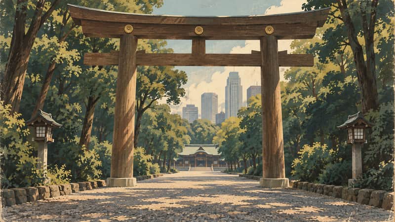 Meiji Shrine 4K wallpaper, mid-century travel poster style, for Frame TV and desktop