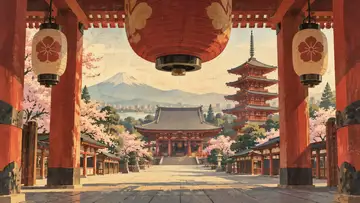 Senso-ji Temple 4K wallpaper, mid-century travel poster style