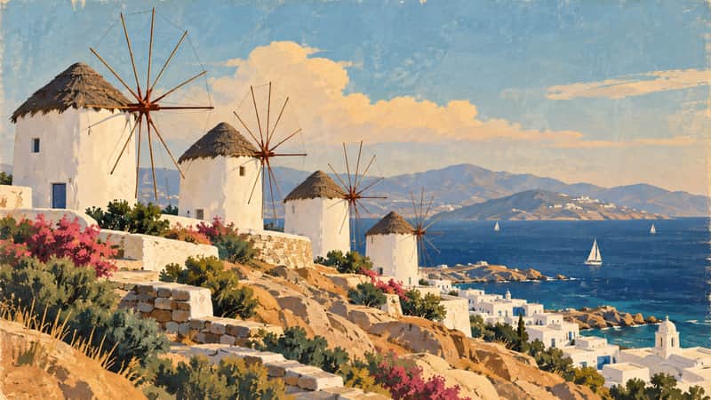 Mykonos Windmills 4K wallpaper, mid-century travel poster style, for Frame TV and desktop