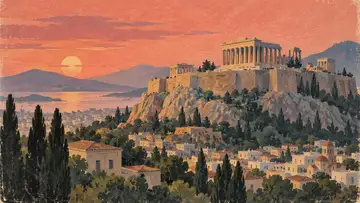 The Acropolis 4K wallpaper, mid-century travel poster style