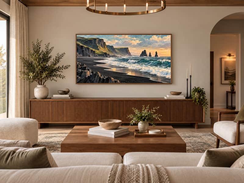 Black Sand Beach wallpaper shown as art on a Samsung Frame TV