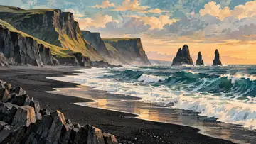 Black Sand Beach 4K wallpaper, mid-century travel poster style