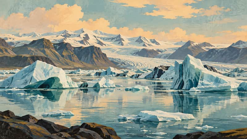 Glacier Lagoon 4K wallpaper, mid-century travel poster style, for Frame TV and desktop