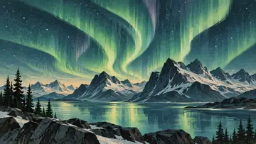 Northern Lights 4K wallpaper, mid-century travel poster style