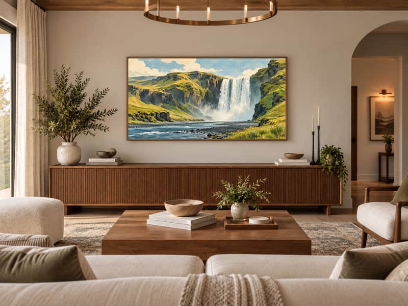 Skógafoss Waterfall wallpaper shown as art on a Samsung Frame TV