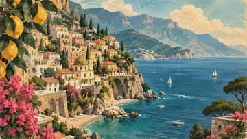Amalfi Coast 4K wallpaper, mid-century travel poster style