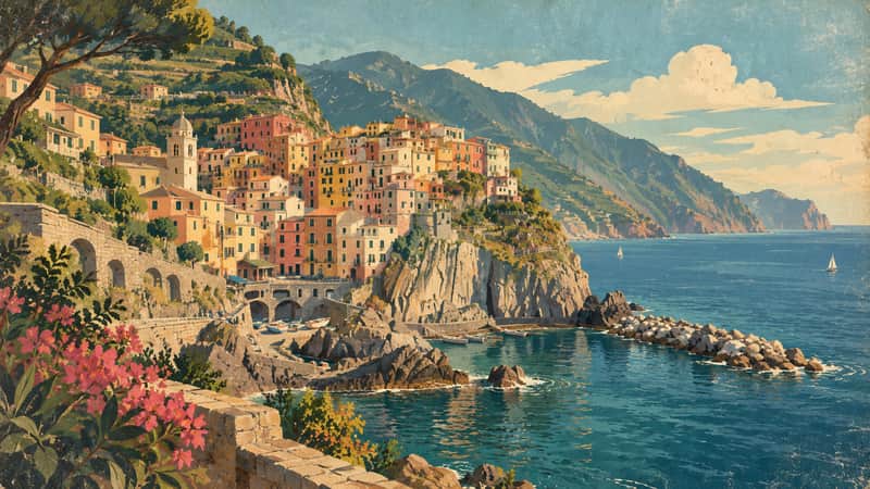 Cinque Terre 4K wallpaper, mid-century travel poster style, for Frame TV and desktop