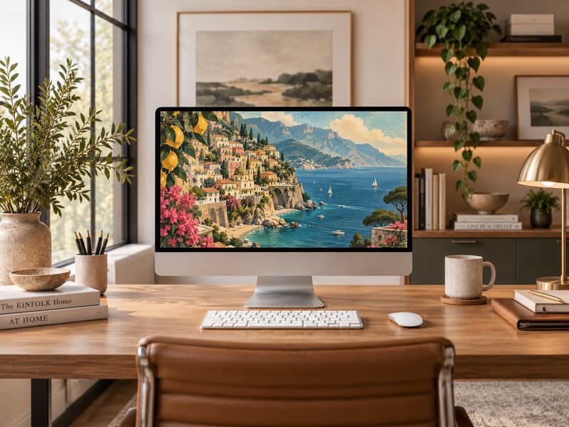 Cinque Terre wallpaper shown on a desktop computer screen