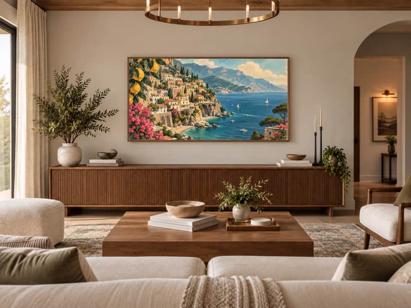 Cinque Terre wallpaper shown as art on a Samsung Frame TV