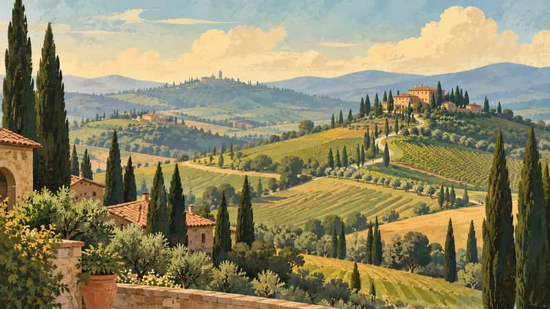 Tuscan Countryside 4K wallpaper, mid-century travel poster style, for Frame TV and desktop