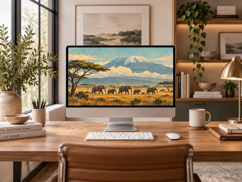 Amboseli Elephants wallpaper shown on a desktop computer screen