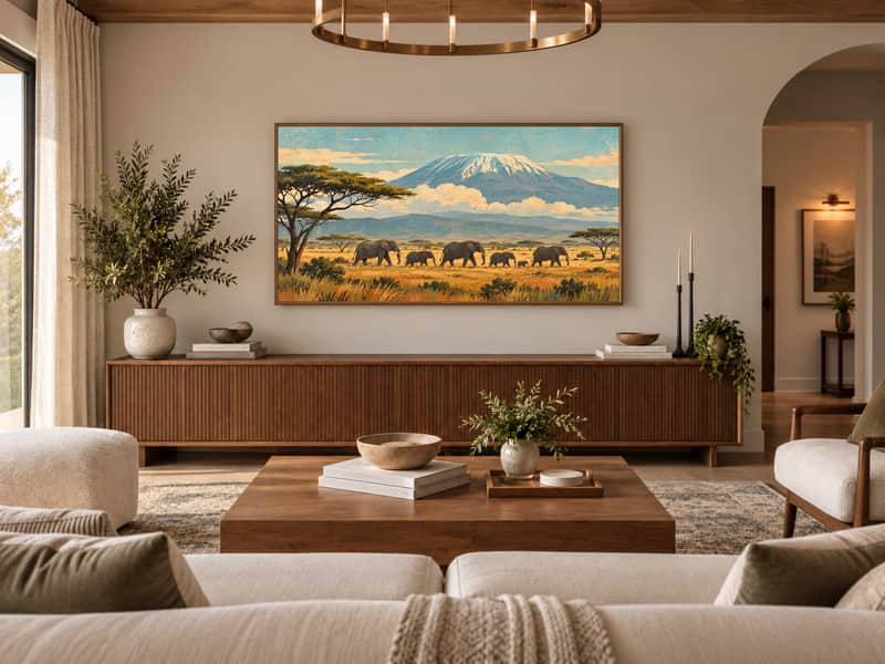 Amboseli Elephants wallpaper shown as art on a Samsung Frame TV
