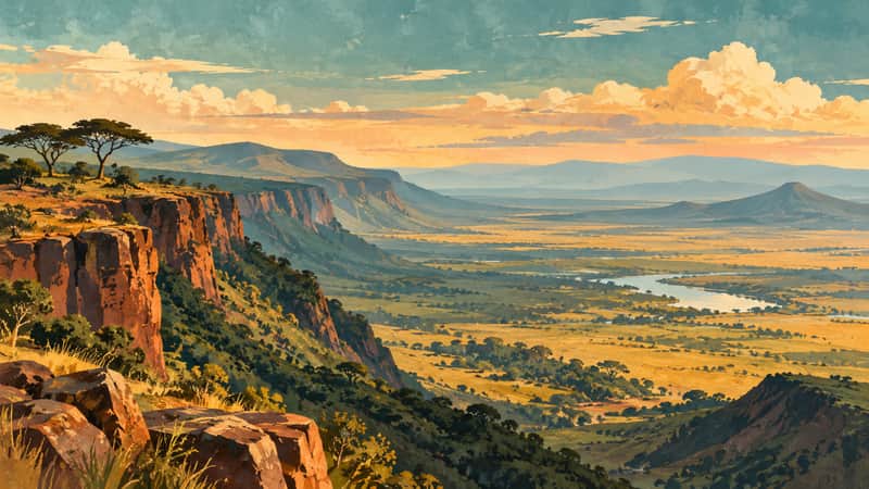 Rift Valley Escarpment 4K wallpaper, mid-century travel poster style, for Frame TV and desktop