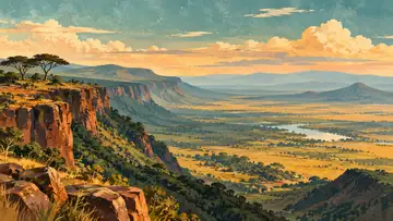 Rift Valley Escarpment 4K wallpaper, mid-century travel poster style