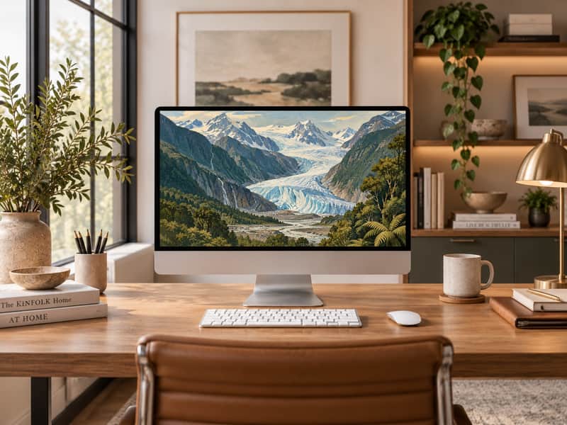 Fox Glacier wallpaper shown on a desktop computer screen